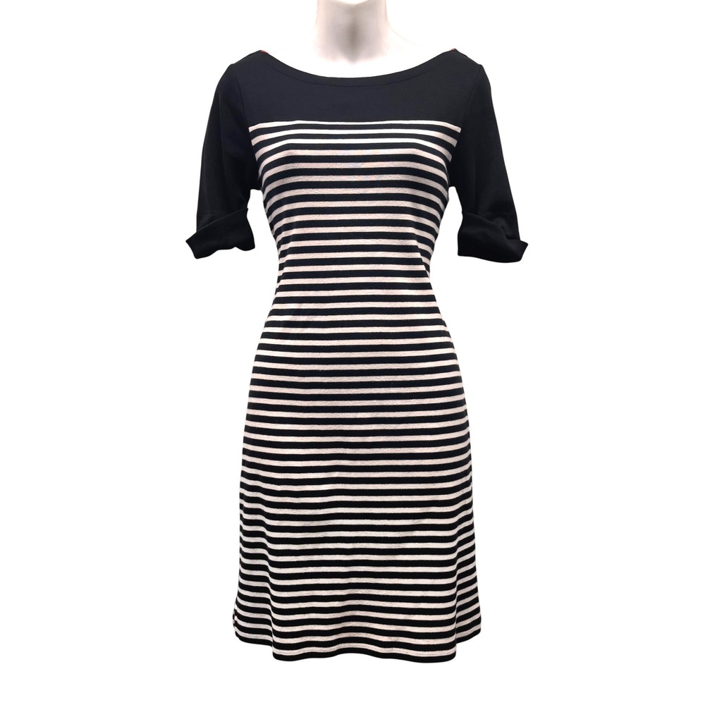 Lauren Ralph Lauren Navy Blue White Striped Cotton Boat Neck Dress Small